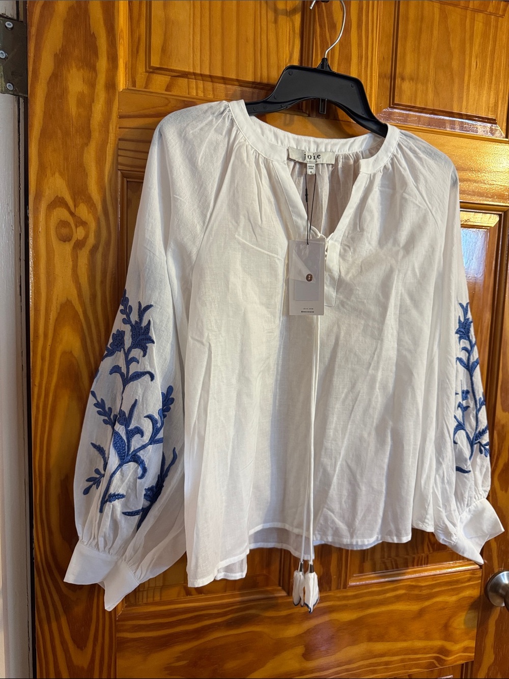 Joie White Peasant Top with Blue Floral Sleeve Embroidery